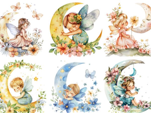 Watercolor cartoon baby fairy with flowers and the moon t shirt design for sale