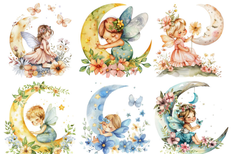 Watercolor Cartoon Baby Fairy With Flowers and the Moon