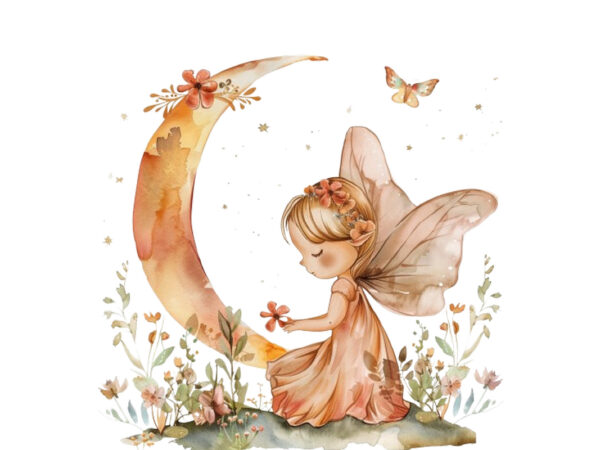 Watercolor cartoon baby fairy with flowers and the moon t shirt design for sale