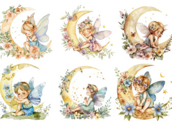 Watercolor Cartoon Baby Fairy With Flowers and the Moon t shirt design for sale