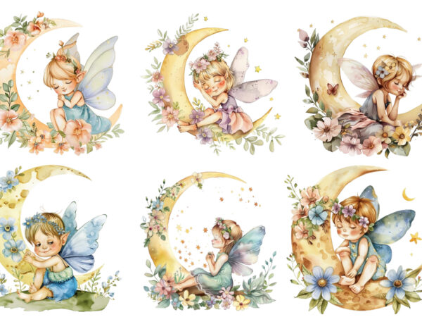 Watercolor cartoon baby fairy with flowers and the moon t shirt design for sale