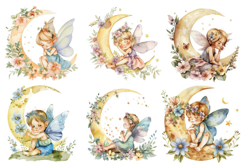 Watercolor Cartoon Baby Fairy With Flowers and the Moon