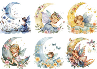 Watercolor Cartoon Baby Fairy With Flowers and the Moon t shirt design for sale