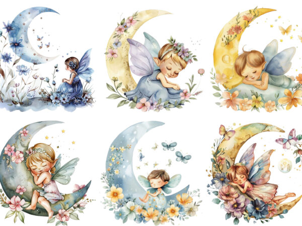 Watercolor cartoon baby fairy with flowers and the moon t shirt design for sale