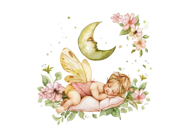 Watercolor Cartoon Baby Fairy With Flowers and the Moon