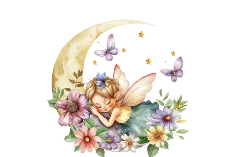 Watercolor Cartoon Baby Fairy With Flowers and the Moon