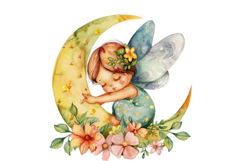 Watercolor Cartoon Baby Fairy With Flowers and the Moon