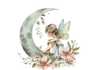 Watercolor Cartoon Baby Fairy With Flowers and the Moon