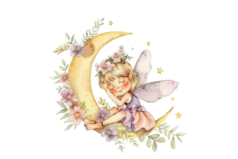 Watercolor Cartoon Baby Fairy With Flowers and the Moon