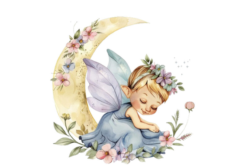 Watercolor Cartoon Baby Fairy With Flowers and the Moon