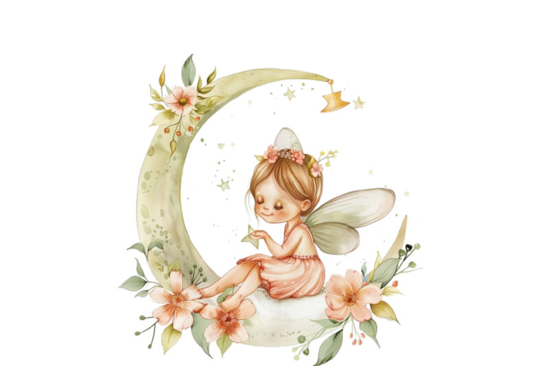 Watercolor Cartoon Baby Fairy With Flowers and the Moon