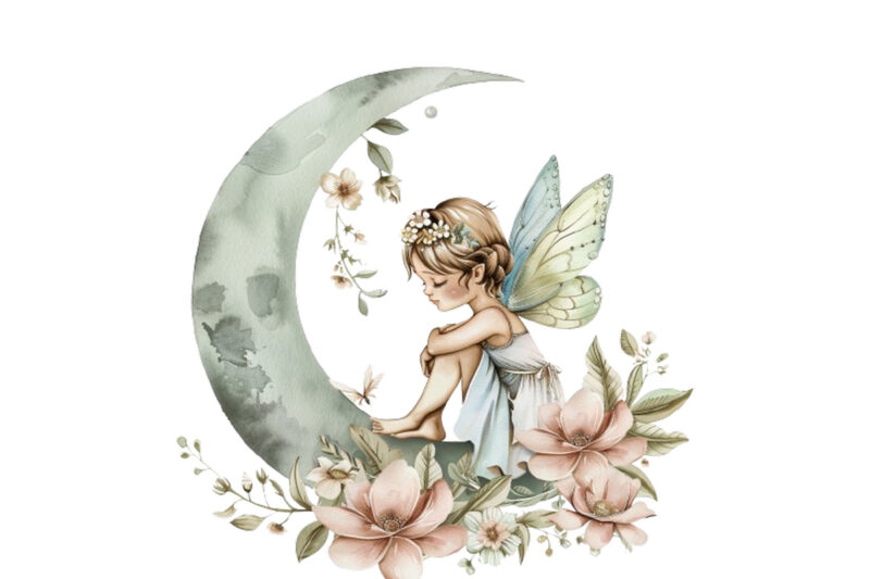 Watercolor Cartoon Baby Fairy With Flowers and the Moon