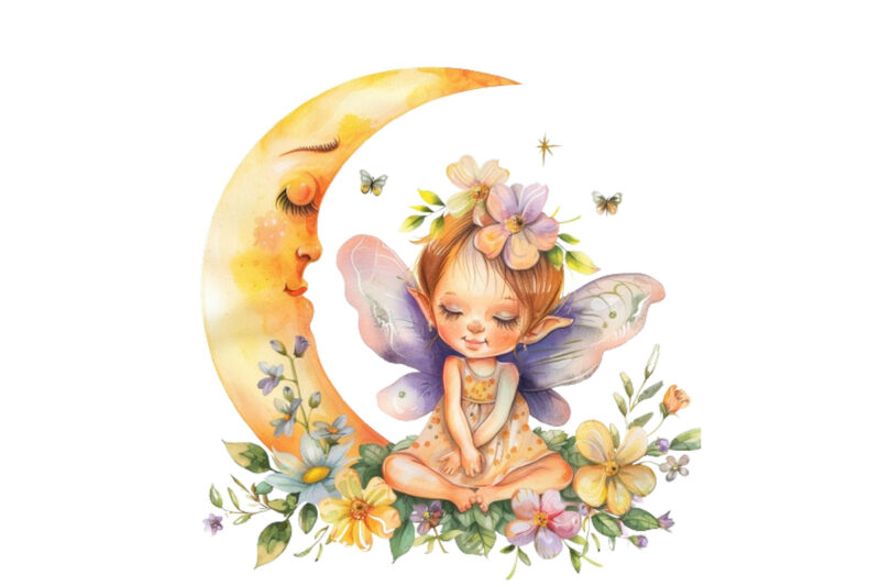 Watercolor Cartoon Baby Fairy With Flowers and the Moon