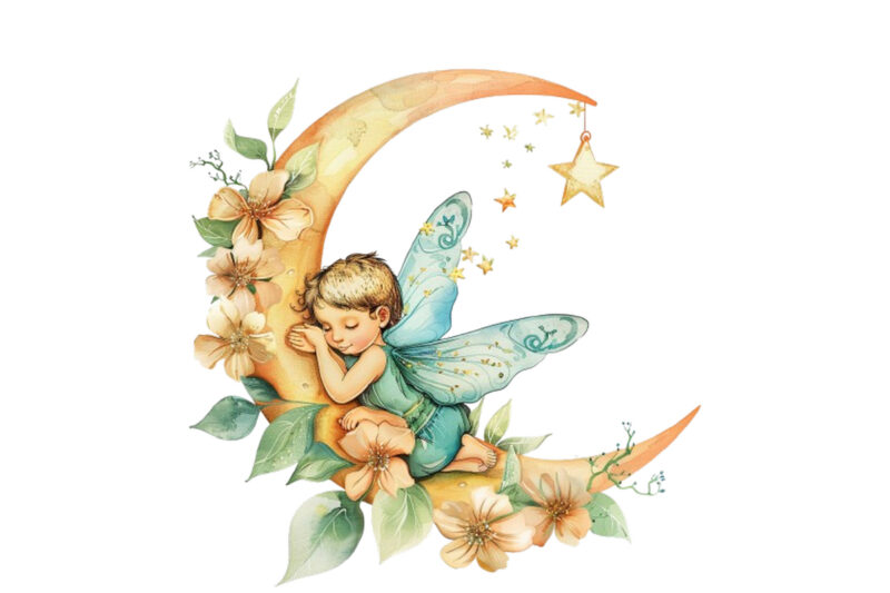 Watercolor Cartoon Baby Fairy With Flowers and the Moon