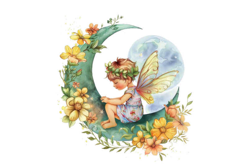 Watercolor Cartoon Baby Fairy With Flowers and the Moon