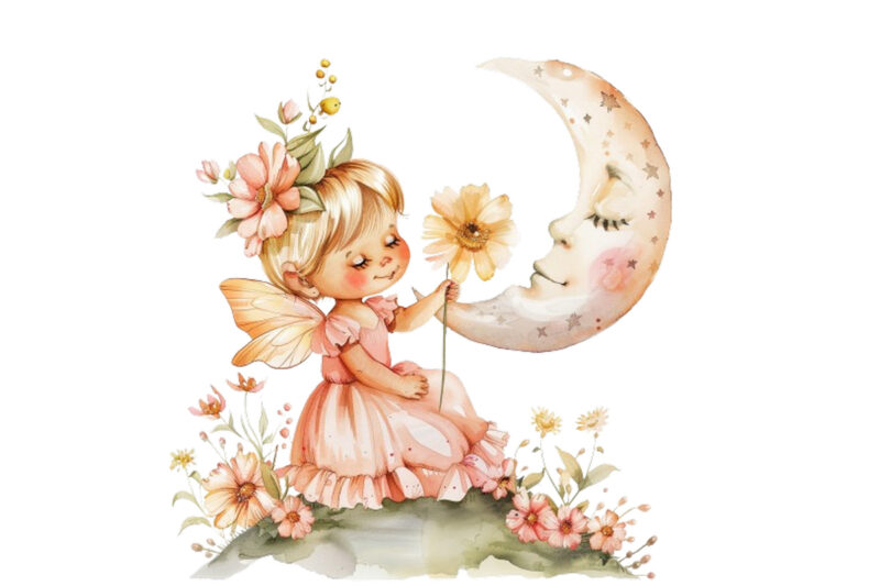 Watercolor Cartoon Baby Fairy With Flowers and the Moon