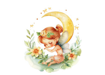 Watercolor Cartoon Baby Fairy With Flowers and the Moon t shirt design for sale