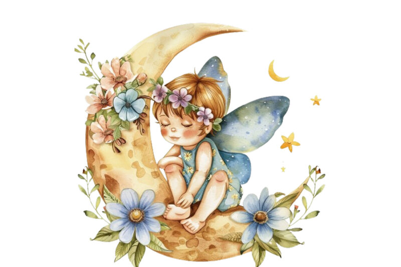 Watercolor Cartoon Baby Fairy With Flowers and the Moon