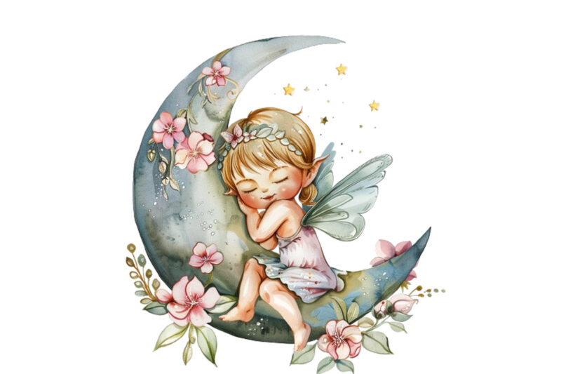 Watercolor Cartoon Baby Fairy With Flowers and the Moon