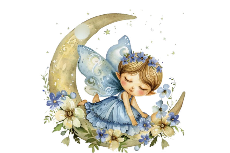 Watercolor Cartoon Baby Fairy With Flowers and the Moon