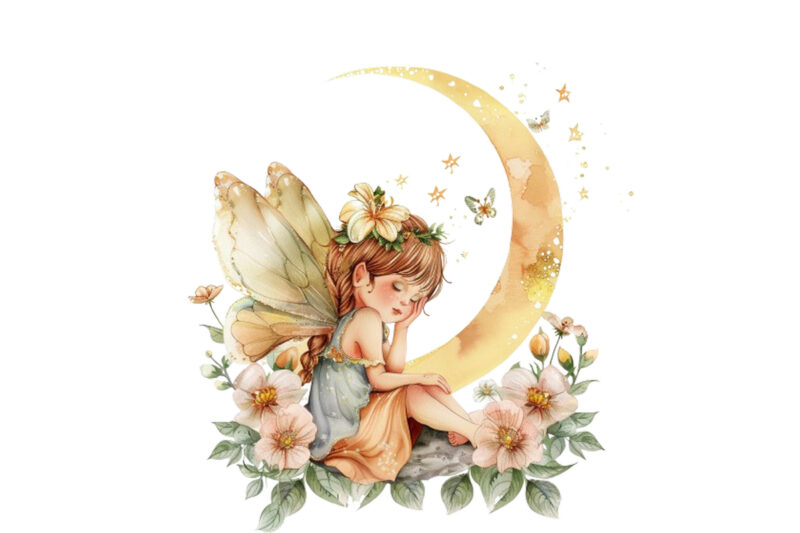 Watercolor Cartoon Baby Fairy With Flowers and the Moon