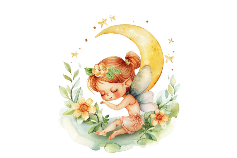 Watercolor Cartoon Baby Fairy With Flowers and the Moon