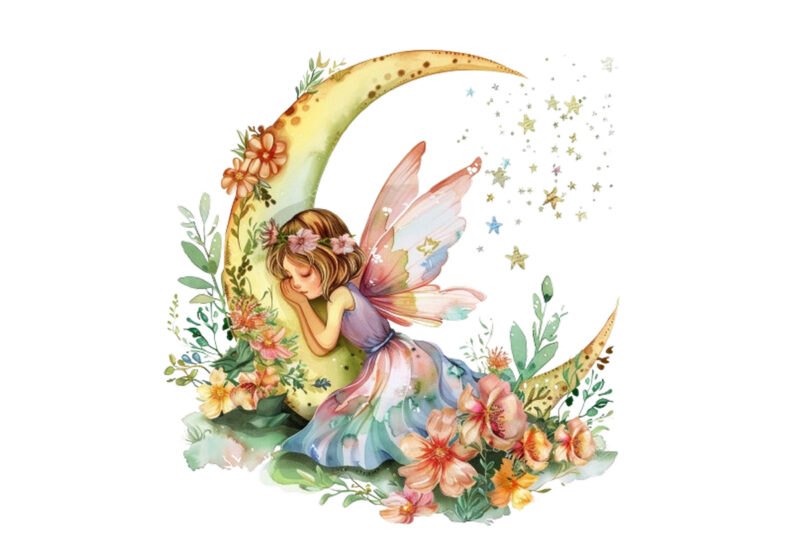 Watercolor Cartoon Baby Fairy With Flowers and the Moon