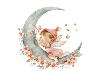 Watercolor Cartoon Baby Fairy With Flowers and the Moon