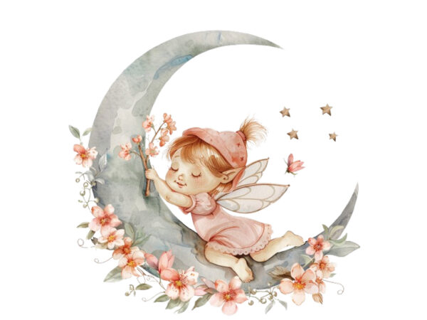 Watercolor cartoon baby fairy with flowers and the moon t shirt design for sale