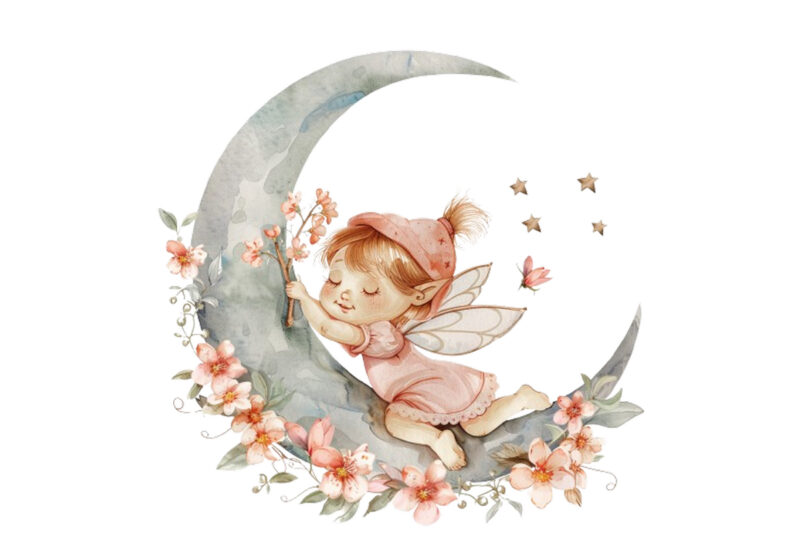 Watercolor Cartoon Baby Fairy With Flowers and the Moon