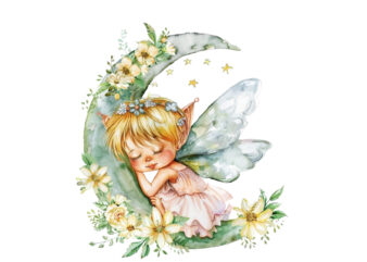 Watercolor Cartoon Baby Fairy With Flowers and the Moon t shirt design for sale