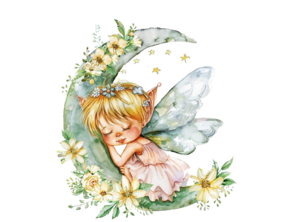 Watercolor cartoon baby fairy with flowers and the moon t shirt design for sale