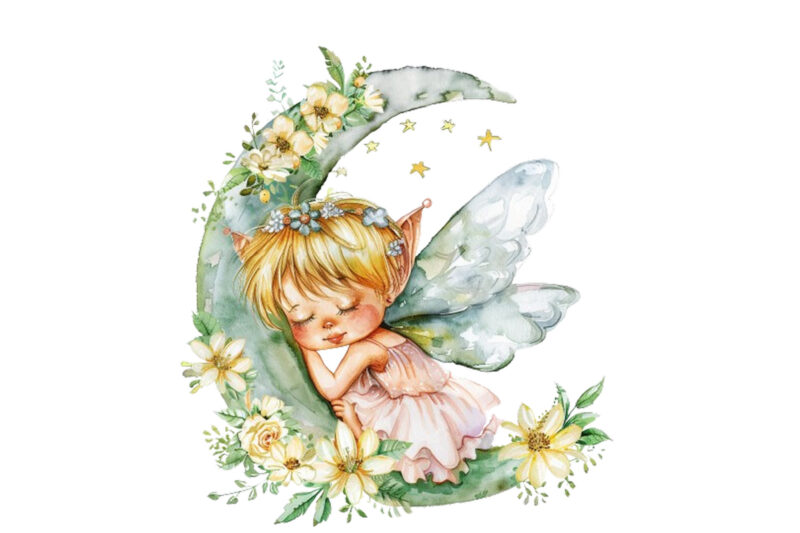 Watercolor Cartoon Baby Fairy With Flowers and the Moon