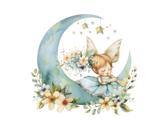 Watercolor Cartoon Baby Fairy With Flowers and the Moon t shirt design for sale