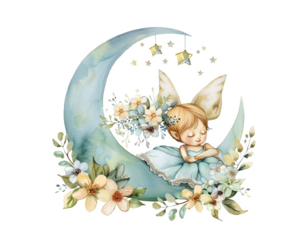 Watercolor cartoon baby fairy with flowers and the moon t shirt design for sale