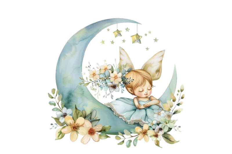 Watercolor Cartoon Baby Fairy With Flowers and the Moon