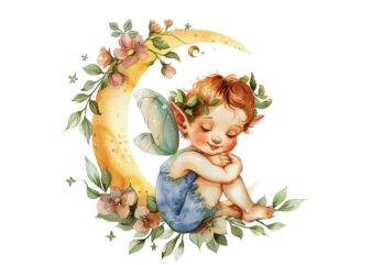 Watercolor Cartoon Baby Fairy With Flowers and the Moon