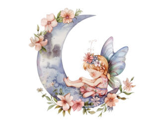 Watercolor Cartoon Baby Fairy With Flowers and the Moon