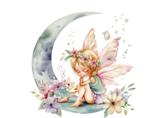 Watercolor Cartoon Baby Fairy With Flowers and the Moon