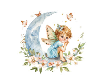 Watercolor Cartoon Baby Fairy With Flowers and the Moon t shirt design for sale