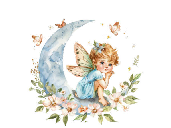 Watercolor cartoon baby fairy with flowers and the moon t shirt design for sale