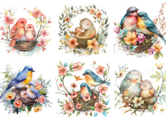 Watercolor Cartoon Mom and Baby Bird on Nest with Flower