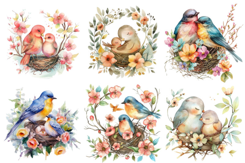 Watercolor Cartoon Mom and Baby Bird on Nest with Flower