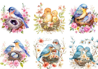 Watercolor Cartoon Mom and Baby Bird on Nest with Flower