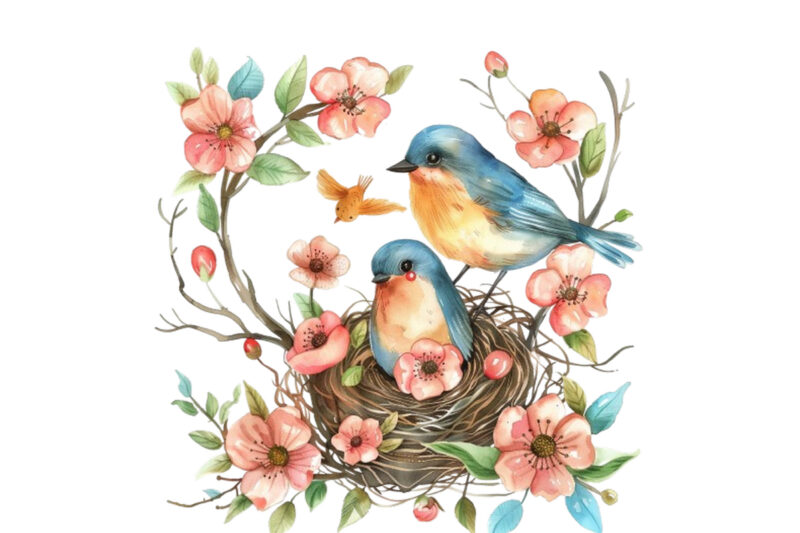 Watercolor Cartoon Mom and Baby Bird on Nest with Flower