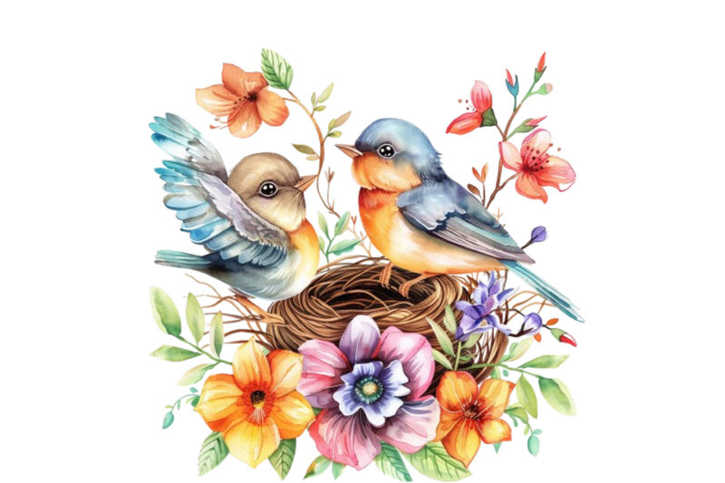 Watercolor Cartoon Mom and Baby Bird on Nest with Flower