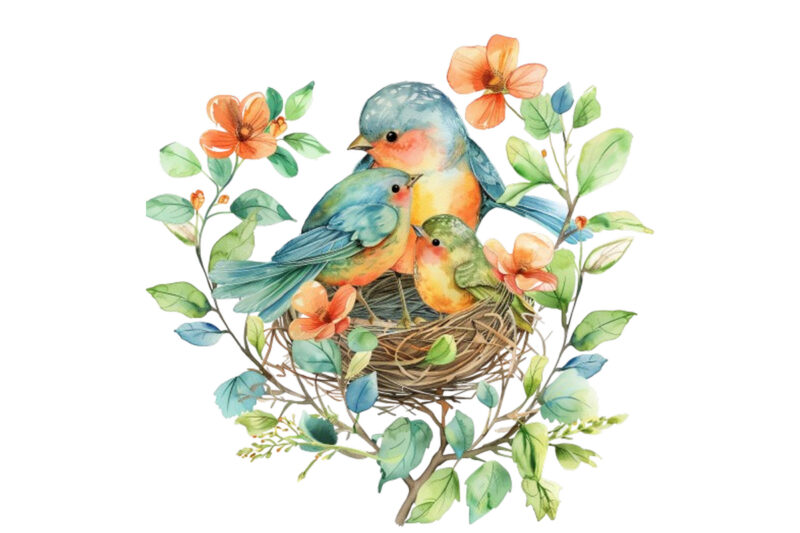 Watercolor Cartoon Mom and Baby Bird on Nest with Flower