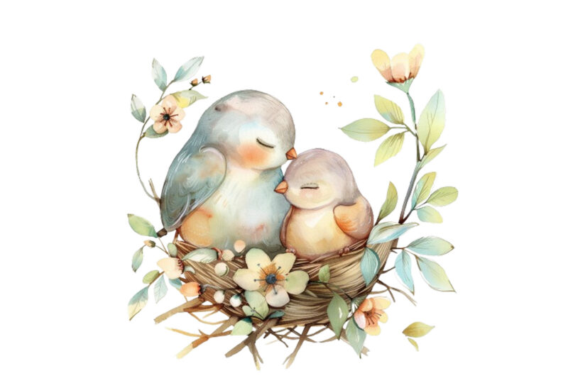 Watercolor Cartoon Mom and Baby Bird on Nest with Flower