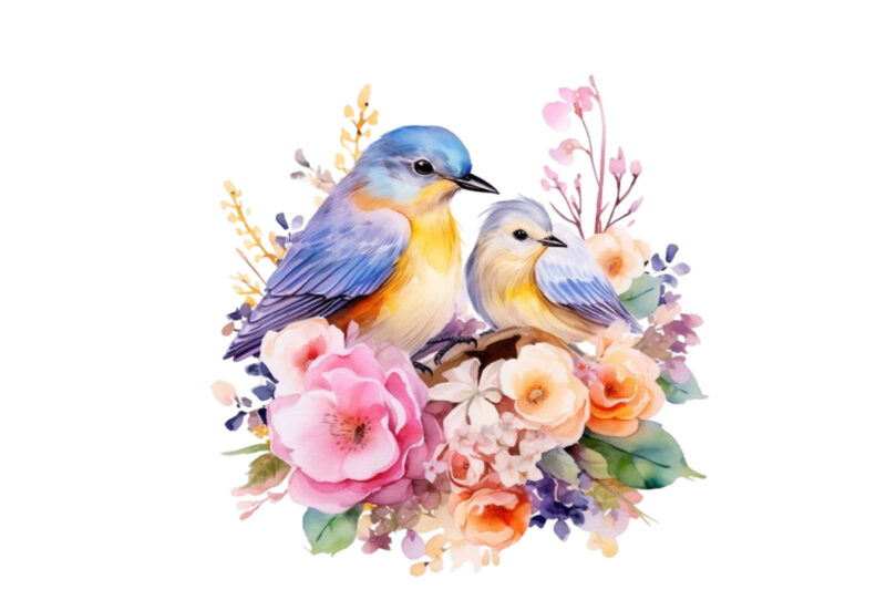 Watercolor Cartoon Mom and Baby Bird on Nest with Flower