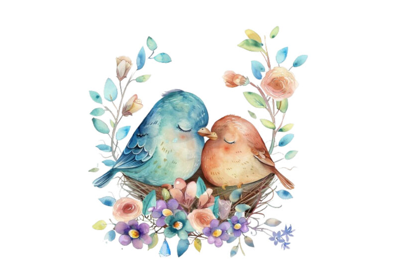 Watercolor Cartoon Mom and Baby Bird on Nest with Flower